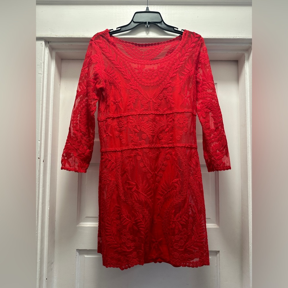 Size M Express thin strap red dress with beautiful sheer decorated covering.